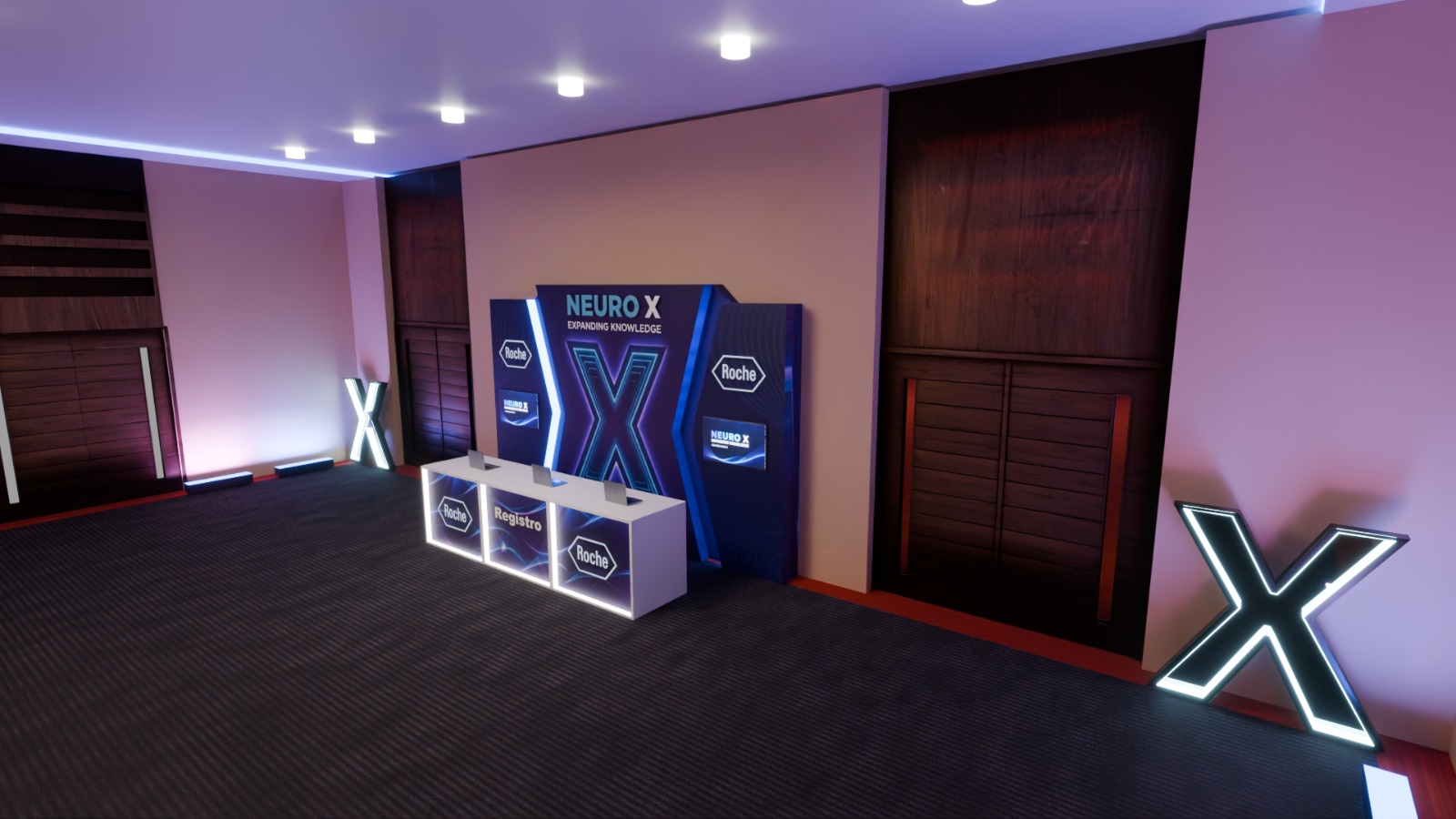 Vista general del foyer — Área de registro y recepción Neuro X